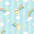 Seamless striped and dotted pattern background with clouds and colorful falling stars with cute faces and rainbow. Royalty Free Stock Photo