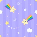 Seamless striped and dotted pattern background with clouds and colorful falling stars with cute faces and rainbow. Royalty Free Stock Photo