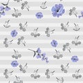 Seamless striped pattern with black silhouette of umbrella flowers and blue poppies and bell flowers. Vector illustration. Royalty Free Stock Photo