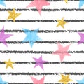 Seamless striped pattern with colorful stars. Royalty Free Stock Photo