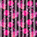 Seamless striped pattern with guitars, bunch of garden flowers and huge pink poppies on black background. Print for fabric Royalty Free Stock Photo