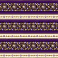 Seamless striped pattern with jewelry elements, gold beads, chains, purple gems