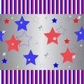 Seamless striped and silvery pattern with red and blue five-pointed stars Royalty Free Stock Photo