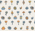 Seamless stylish texture with colorful doodle flowers, simple, handdrawn, on light background. Pattern drawn with brush and