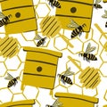 Seamless stylized bee pattern with honey spoons, hives, honeycombs. White background. Farm organic print