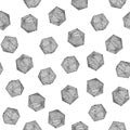 Seamless hand-drawn crosshatched icosahedron print. Vector monochrome illustration on light background. Original sketched pattern.