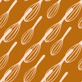 Seamless stylized kitchen tool pattern with corolla simple figures. Light pastel tones cooking ornament on dark orange background