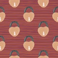 Seamless stylized pattern with orange lock ornament. Door elements on maroon stripped background Royalty Free Stock Photo