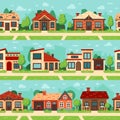 Seamless suburban houses. Panoramic cityscape with house exterior, buildings and town road flat vector background set