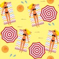 Seamless summer background. girl sunbathing on the beach, beach umbrellas, hats, slates. Template for fabric, wrapping paper, back