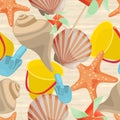 Seamless Summer background with seashells, starfish, baby bucket Royalty Free Stock Photo