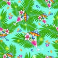 Seamless summer beach pattern with palm leaves and cocktails Royalty Free Stock Photo