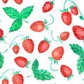 Seamless summer berries pattern with ripe mature red strawberries and green leaves on white background. Royalty Free Stock Photo