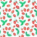 Seamless summer berries pattern with ripe mature red strawberries and green leaves on white background. Royalty Free Stock Photo