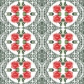 Seamless summer botanical flower roses and lace pattern. Style shabby chic, boho, provence. Red, green, white colors.