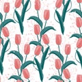 Seamless summer flora pattern with Blooming garden flowers, orange tulip