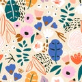 Seamless summer floral pattern. Botanical texture with flowers, berry, branches, leaves. Modern hand drawn floral background.