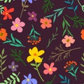 Seamless summer floral pattern. Bright flowers print dark background. Repeating design Royalty Free Stock Photo