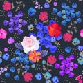 Seamless summer floral pattern. Rose, pansy, cosmos and bell flowers and small hearts isolated on black background in vector.