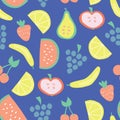 Seamless summer fruit vector pattern blue Royalty Free Stock Photo