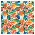 Seamless summer Hawaiian tropical pattern with, palm leaves and flowers.