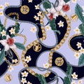 Seamless summer pattern with belts, chains and tropical leaves and flowers. Trendy fashion print