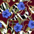 Seamless summer pattern with belts, chains and tropical leaves and flowers. Trendy fashion print.