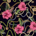 Seamless summer pattern with belts, chains and tropical leaves and flowers. Trendy fashion print.