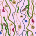 Seamless summer pattern with belts, chains and tropical leaves . Trendy fashion print.