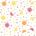 Seamless summer pattern. Bright colorful citrus fruits, lemons, oranges and flowers. Yellow, red, orange, blue colors. Simple Royalty Free Stock Photo