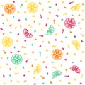 Seamless summer pattern. Bright colorful citrus fruits, lemons, oranges and flowers. Yellow, red, orange, blue colors. Simple Royalty Free Stock Photo