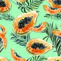 Seamless summer pattern with bright exotic papaya fruit and palm leaves. Ripe papaya with black seeds cut in half.