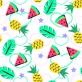 Seamless summer pattern with bright orange pineapple and watermelon and tropical element on brith background For teenagers Royalty Free Stock Photo