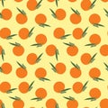 Seamless summer pattern with cartoonish orange fruit and leaves on yellowish orange background. simple vector texture
