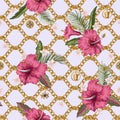 Seamless summer pattern with chains and tropical leaves and flowers. Trendy fashion print.