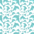Seamless summer pattern with cute dolphins. Vector sea illustration for children, holiday, background, print, fabric, baby, card, Royalty Free Stock Photo