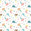 Seamless summer pattern with cute mermaids and sea animals. Vector marine illustration for child, holiday, background, print, Royalty Free Stock Photo