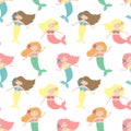 Seamless summer pattern with cute mermaids. Vector sea illustration for children, holiday, background, print, fabric, card,