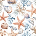 A seamless summer pattern featuring a delightful array of seashells, starfish, and coral, all