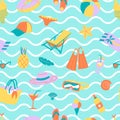 Seamless pattern with waves and beach holiday elements.