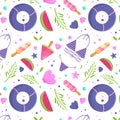 Seamless summer pattern. Fruit ice cream, swimsuit, watermelon, leaves, seafish, shell, float. Vector pattern for