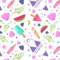 Seamless summer pattern. Fruit ice cream, swimsuit, watermelon, leaves, seafish, shell, float. Vector pattern for Royalty Free Stock Photo