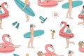 Seamless summer pattern. Girls with surfboards and an inflatable ring in the shape of a pink flamingo. Summer party