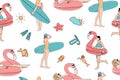 Seamless summer pattern. Girls with surfboards and an inflatable ring in the shape of a pink flamingo. Summer party