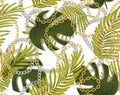 Seamless summer pattern with gold and silver chains, tropical leaves. Trendy fashion print