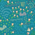 Seamless summer pattern with hand drawn meadow flowers, leaf and words Hello, Hi, Summeron the blue background. Hand lettering ill