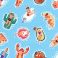 Seamless summer pattern with happy people in pool, floating and swimming on rubber rings. Repeating background with man Royalty Free Stock Photo