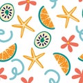 Seamless summer pattern with lemon slices and flowers. Summer vibrant design. Exotic tropical fruit. Fresh lime, starfish and Royalty Free Stock Photo