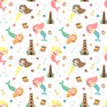 Seamless summer pattern with mermaids, castle, chest, pearls, fish and starfishes. Vector sea illustration for child, holiday,