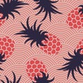 Seamless summer pattern. Pineapples on a wavy coral background. Print for textiles. Vector illustration Royalty Free Stock Photo